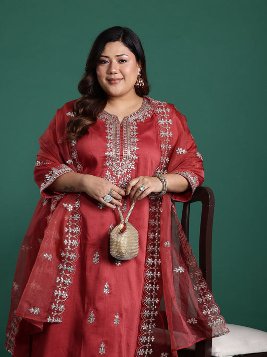 Dhiyona IE Plus Size Ethnic Motifs Embroidered Gotta Patti Kurta Set