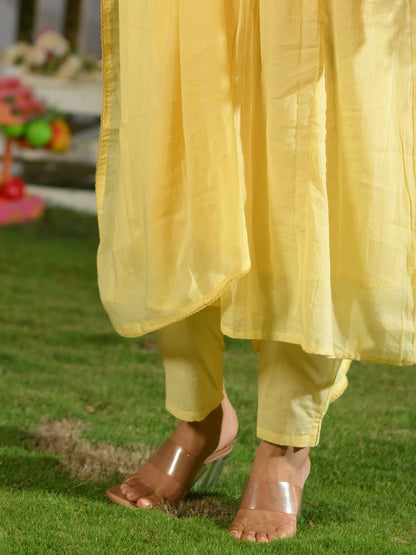 Floral Yoke Design Thread Work Pure Cotton A-Line Kurta With Trousers & Dupatta