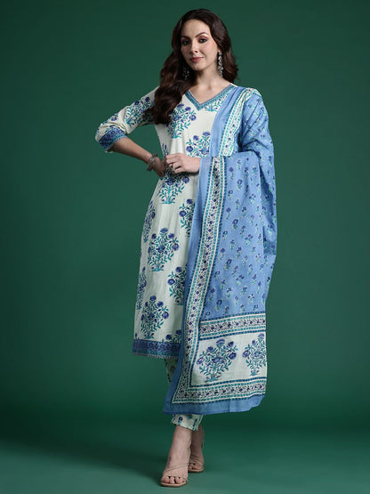 Dhiyona IE Women Floral Printed Regular Pure Cotton Kurta with Trousers & With Dupatta