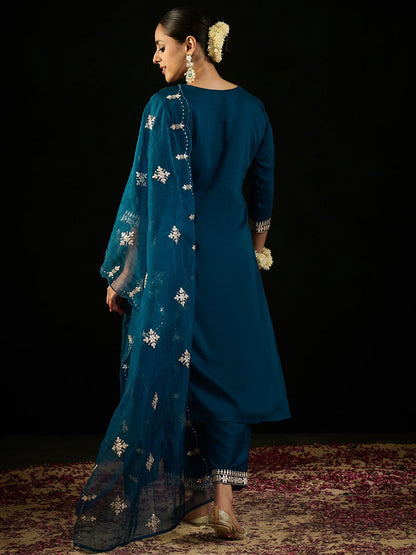 Dhiyona IE Ethnic Motifs Embroidered Gotta Patti Straight Kurta With Trousers & Dupatta