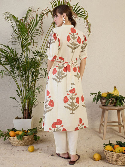 Dhiyona IE Floral Printed Mandarin Collar A-Line Kurta