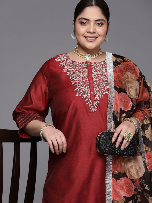 Dhiyona VA Women'sPlus Size Embroidered Chanderi Silk Kurta with Trousers & With Dupatta