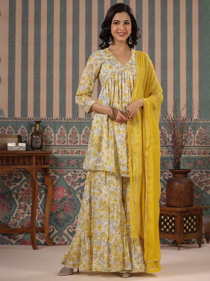 Dhiyona IS Women's Floral Printed V-Neck Empire Pure Cotton A-Line Kurti With Sharara & Dupatta