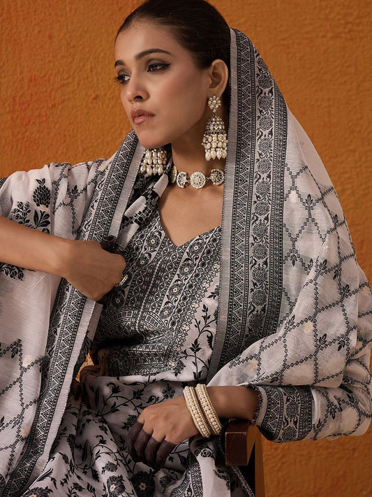Dhiyona IE White Floral Printed V-Neck Straight Kurta with Trousers & Dupatta
