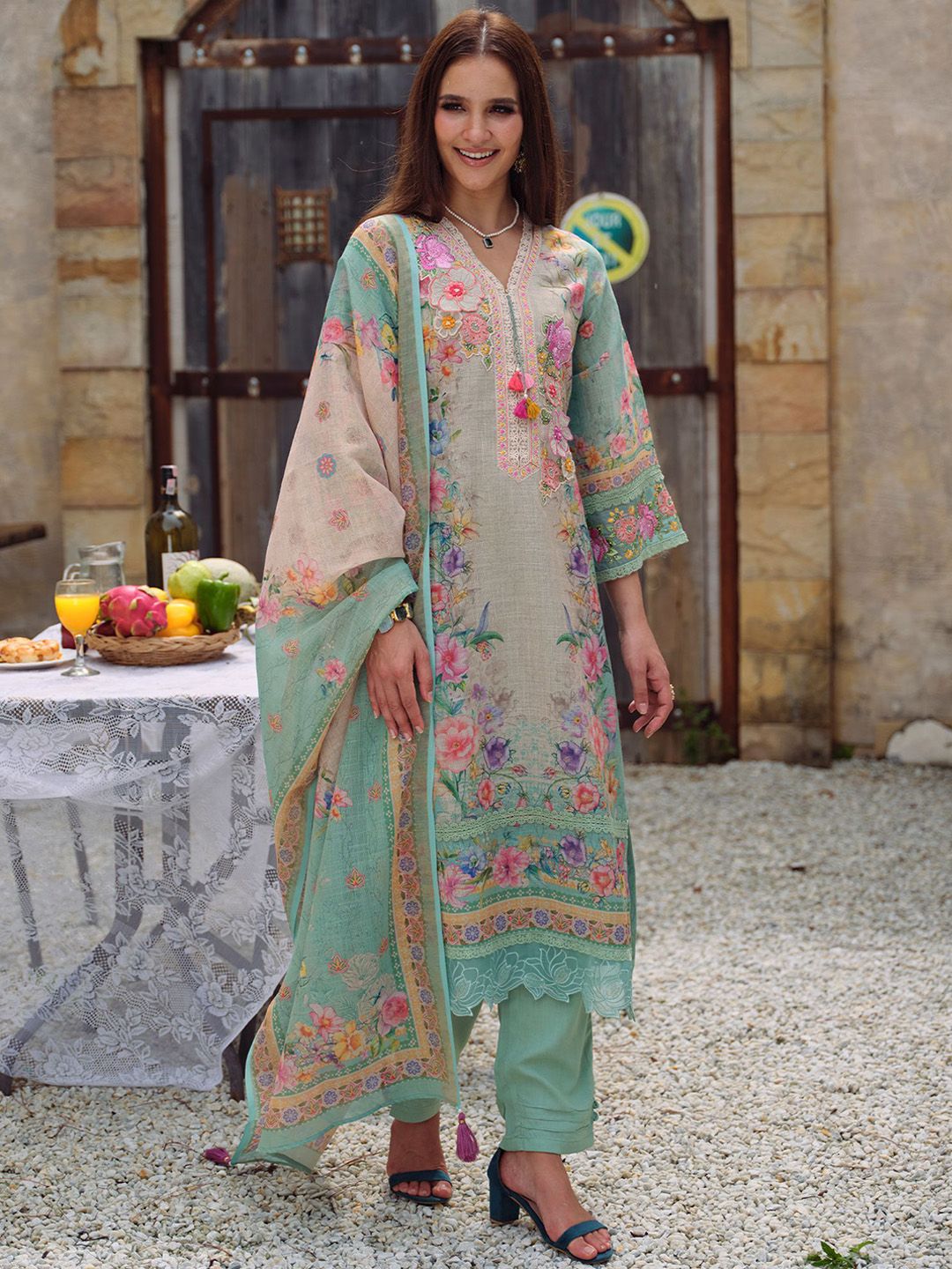 Floral Embroidered Beads and Stones Straight Kurta With Trousers & Dupatta