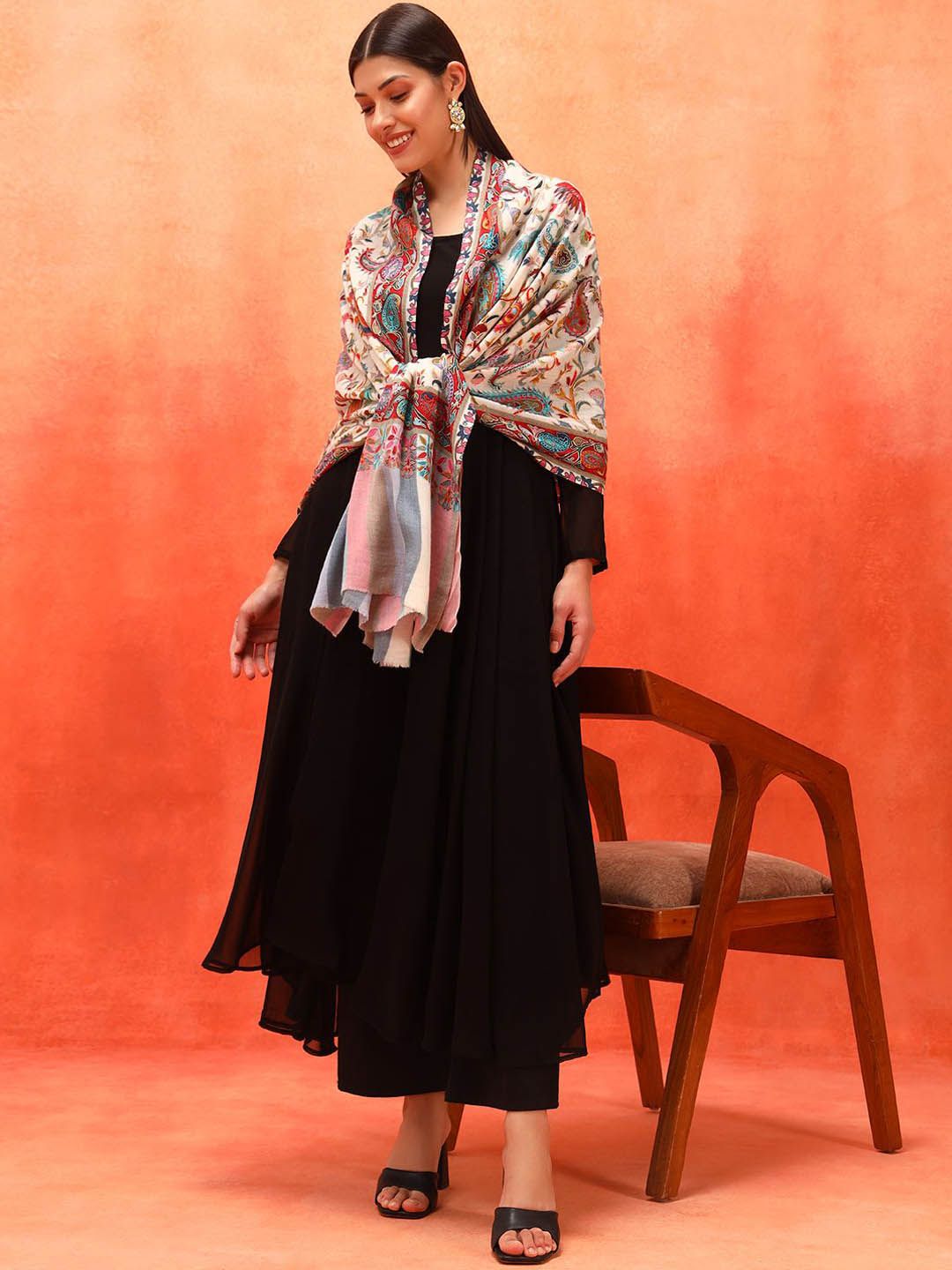 Dhiyona PA Naqqashi Pure Wool Kalamkari Paisley Embroidered Shawl