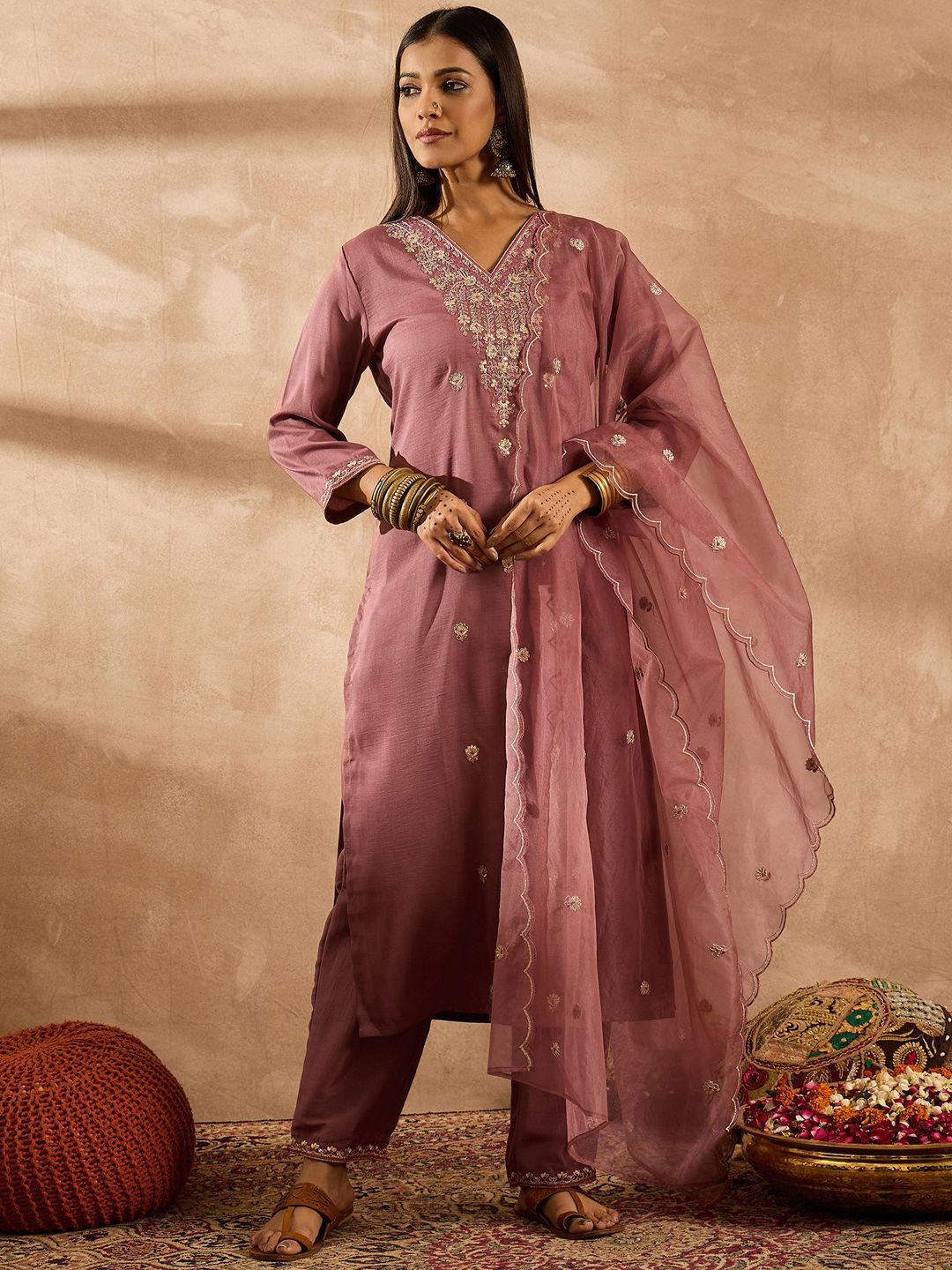 Women Ethnic Motifs Embroidered Regular Sequinned Kurta with Trousers & With Dupatta