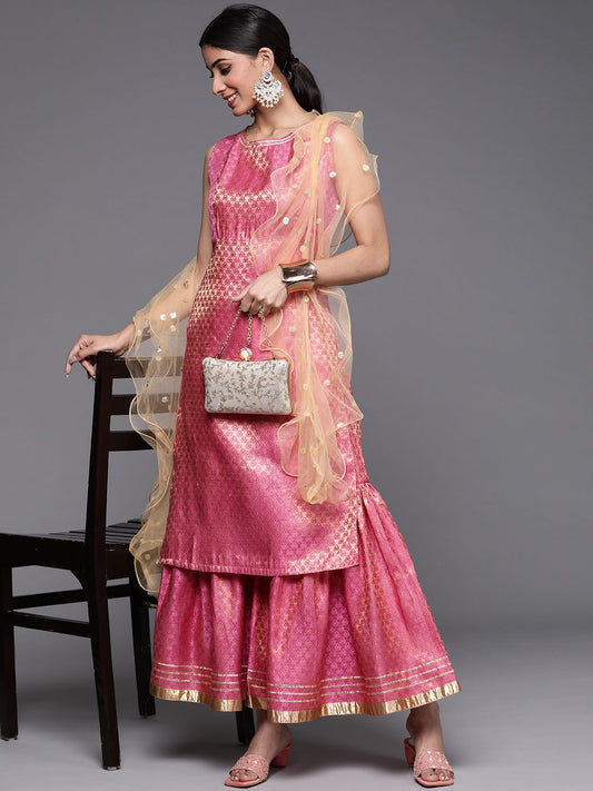 Dhiyona VA Women's Peach-Coloured & Beige Floral Sequinned Kurta with Sharara & With Dupatta