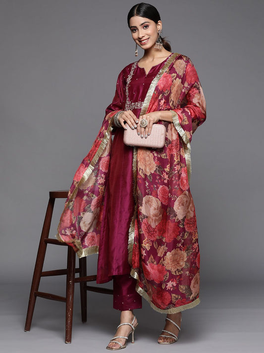Dhiyona VA Women's Yoke Design Sequinned Chanderi Silk Kurta With Trousers & Dupatta