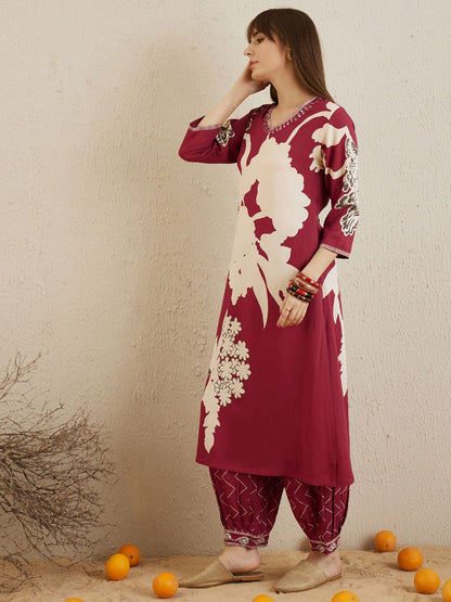 Red Floral Printed Sequinned V-Neck Straight Kurta With Salwar