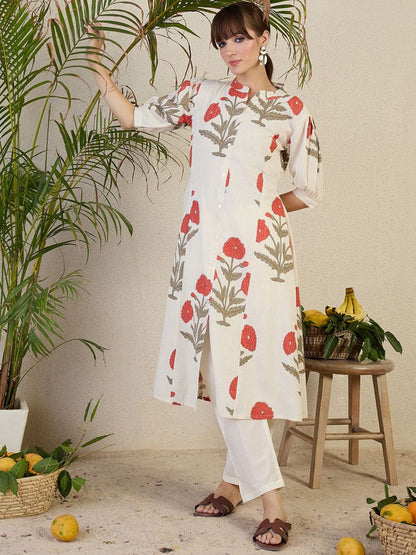 Dhiyona IE Floral Printed Mandarin Collar A-Line Kurta