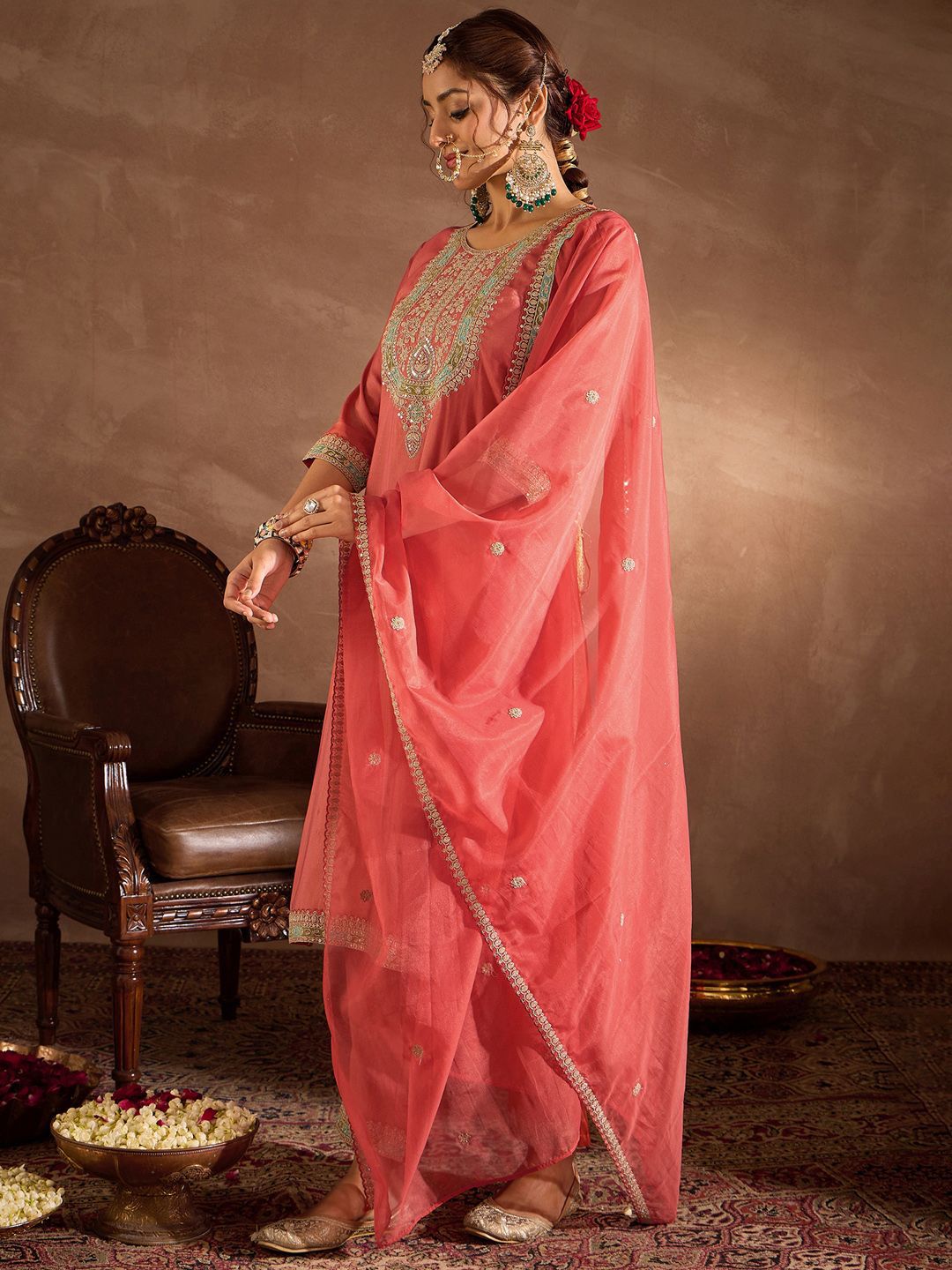 Floral Yoke Design Thread Work Straight Kurta With Trousers & Dupatta