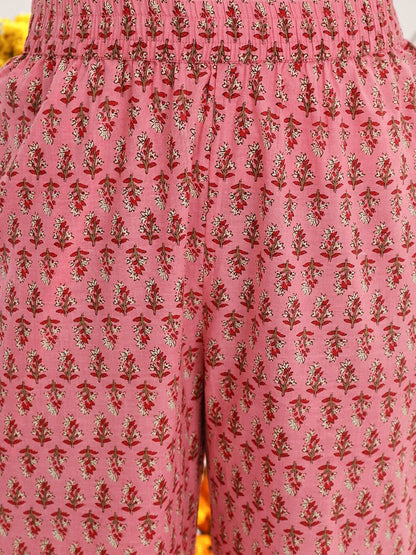 Dhiyona VA Women'sPink Ethnic Motifs Printed Thread Work Straight Kurta & Trousers With Dupatta
