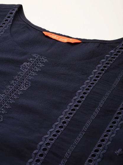 Floral Embroidered Thread Work Kurta With Trousers & Dupatta