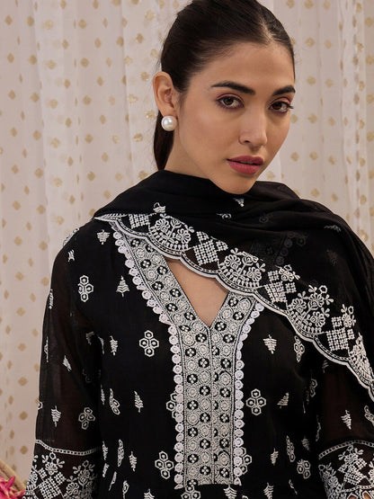 Floral Embroidered V-Neck Pure Cotton Straight Kurta with Trousers & Dupatta