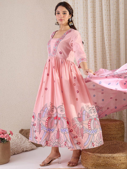 Women Floral Printed Pleated Pure Cotton Kurta with Trousers & With Dupatta