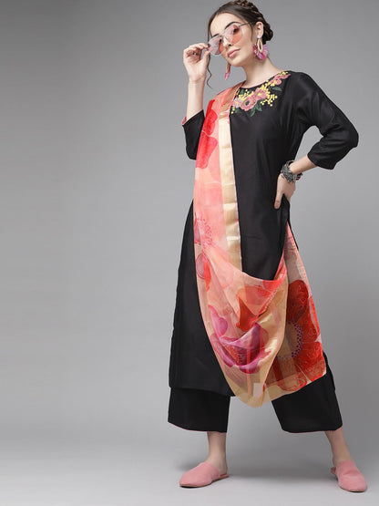 Classic Black And Peach Embroidered Kurta Set