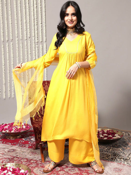 Dhiyona VA Women'sV-Neck A-Line Pleated Kurta with Palazzos & With Dupatta
