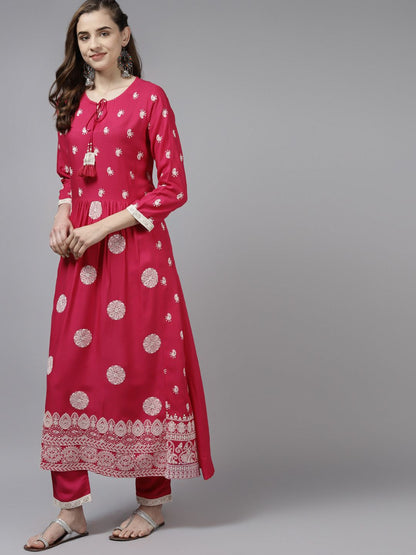 Dhiyona IE Women Pink Paisley Embroidered Pleated Kurta with Trousers & Dupatta