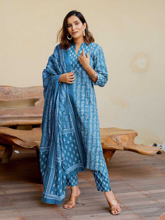 Dhiyona KL Ethnic Motifs Printed Pure Cotton Kurta with Trousers & Dupatta