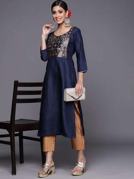 Dhiyona IE Women Navy Blue & Golden Yoke Design Kurta
