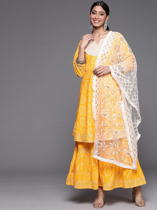 Dhiyona VA Women's Mustard Yellow Bandhani Printed Pure Cotton Kurta with Sharara & Dupatta