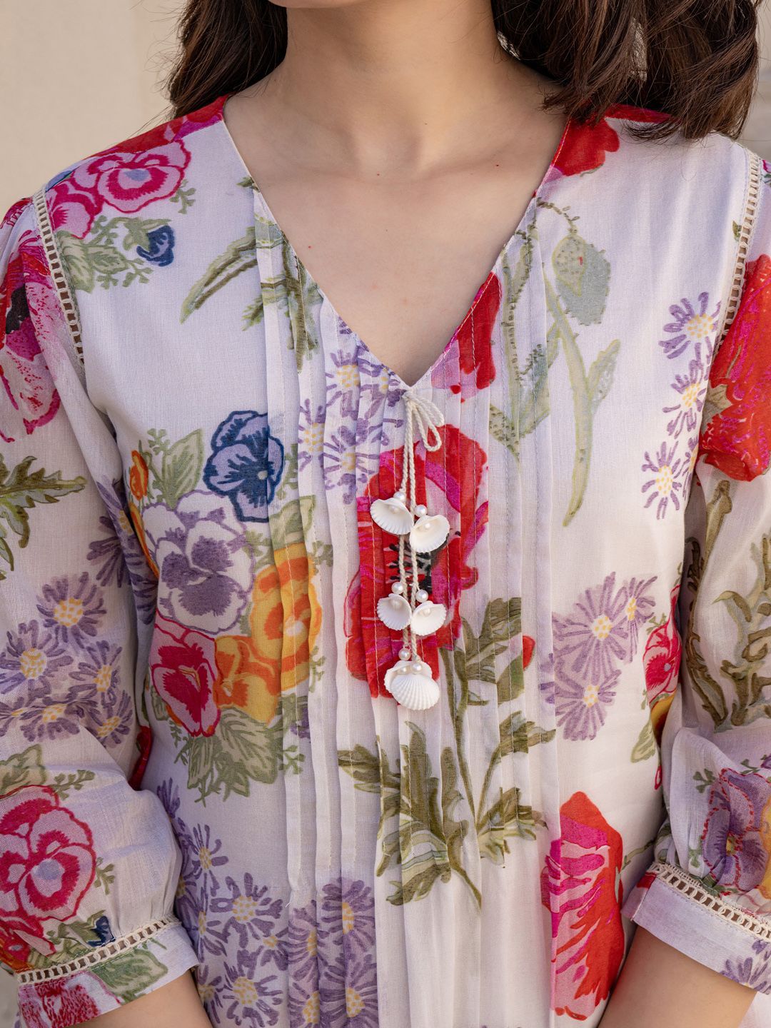 Women Floral Printed V-Neck Pure Cotton A-Line Kurta with Trouser