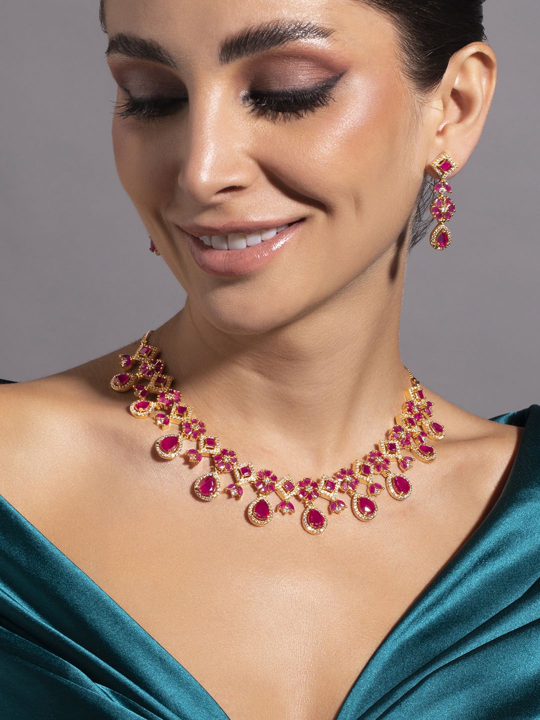 Dhiyona RJ Women's 22K Gold-Plated Ruby Pink & White Cubic Zirconia Studded Floral Drop Necklace Set