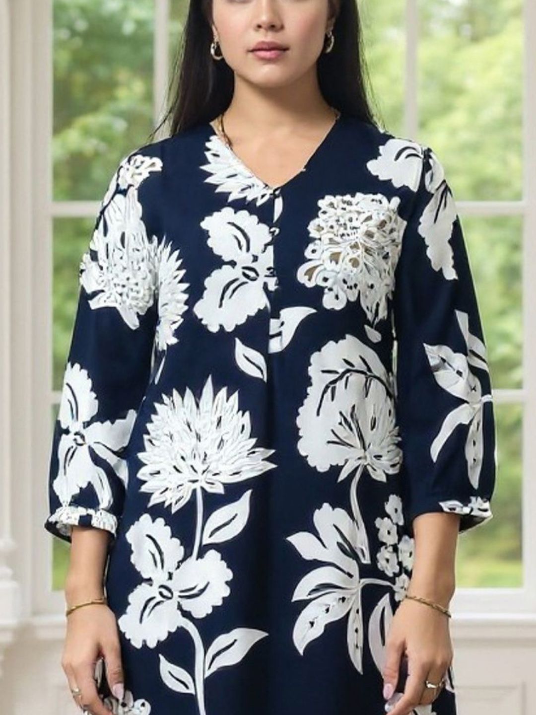 Floral Printed Screen Techinque Kurta With Trousers