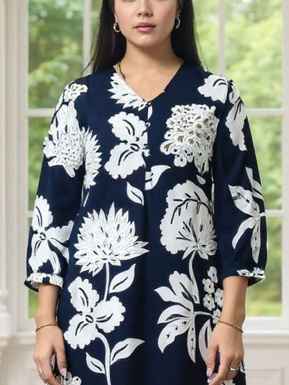 Floral Printed Screen Techinque Kurta With Trousers