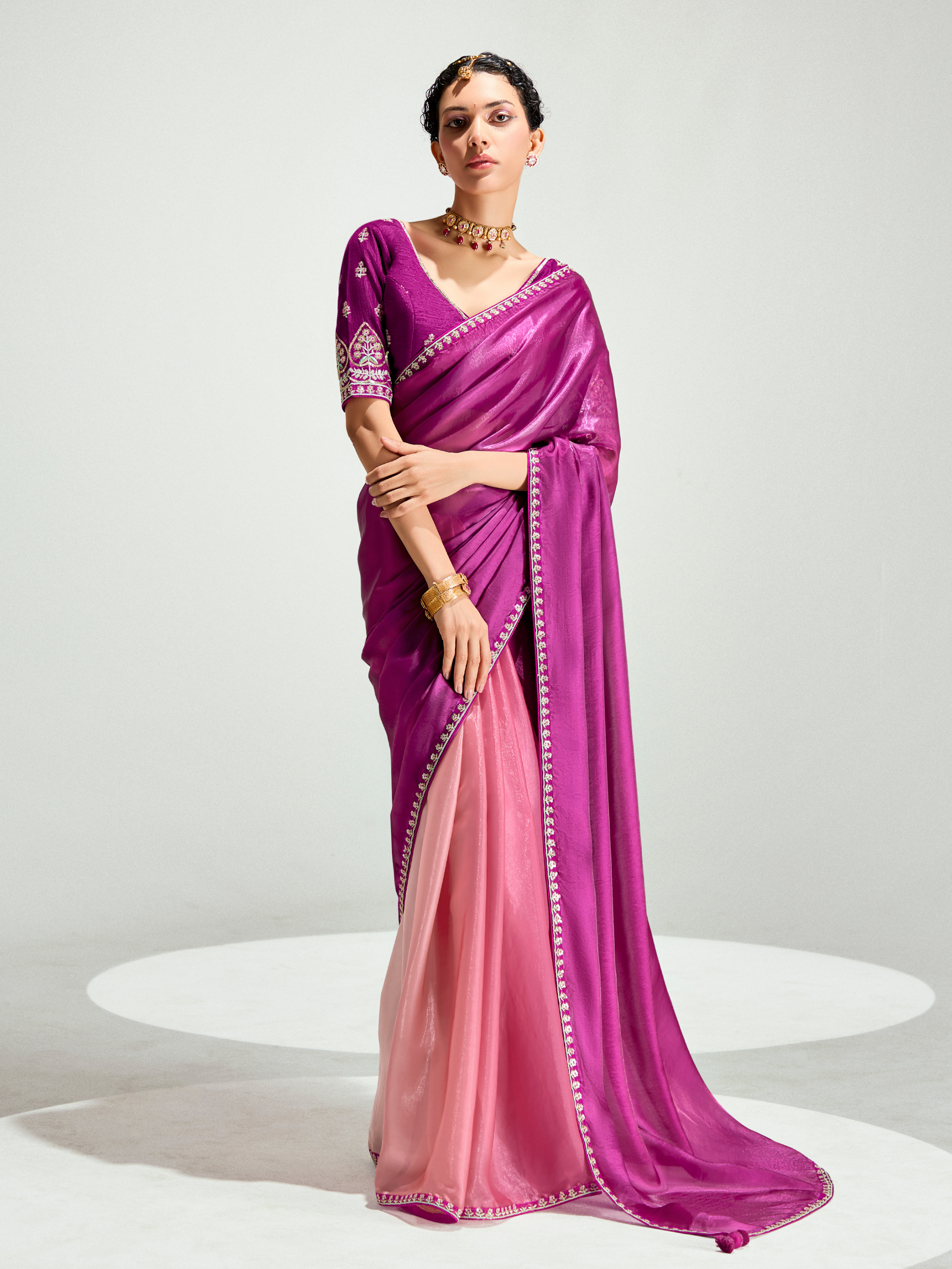 Dhiyona KM Women Wine Shade Organza Saree