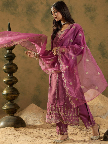 Dhiyona IE Women Floral Embroidered Regular Kurta with Trousers & With Dupatta