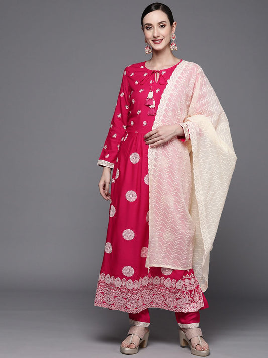 Dhiyona IE Women Pink Ethnic Motifs Embroidered Sequinned Kurta with Trousers & With Dupatta