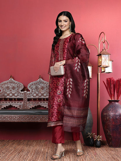 Dhiyona VA Women'sMaroon Floral Printed Beads and Stones Straight Kurta with Trousers & Dupatta