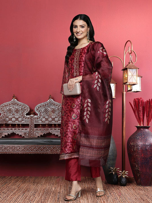 Dhiyona VA Women'sMaroon Floral Printed Beads and Stones Straight Kurta with Trousers & Dupatta