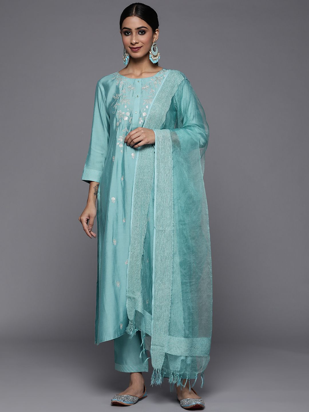 Dhiyona VA Women's Blue Ethnic Motifs Embroidered Sequinned Kurta with Trousers & With Dupatta