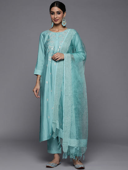 Dhiyona VA Women's Blue Ethnic Motifs Embroidered Sequinned Kurta with Trousers & With Dupatta