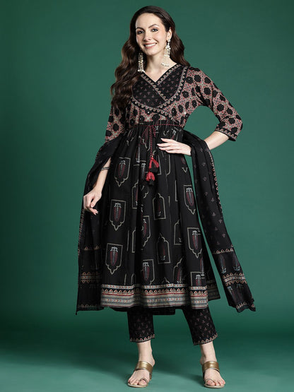 Ethnic Motifs Printed Angrakha Beads & Stones Pure Cotton Kurta Set