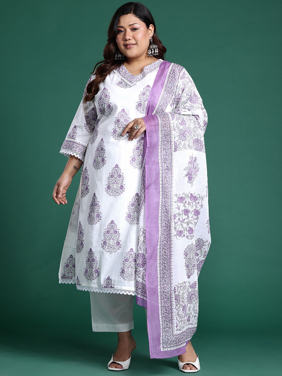 Plus Size Floral Printed Sequinned Pure Cotton Kurta with Trousers & With Dupatta