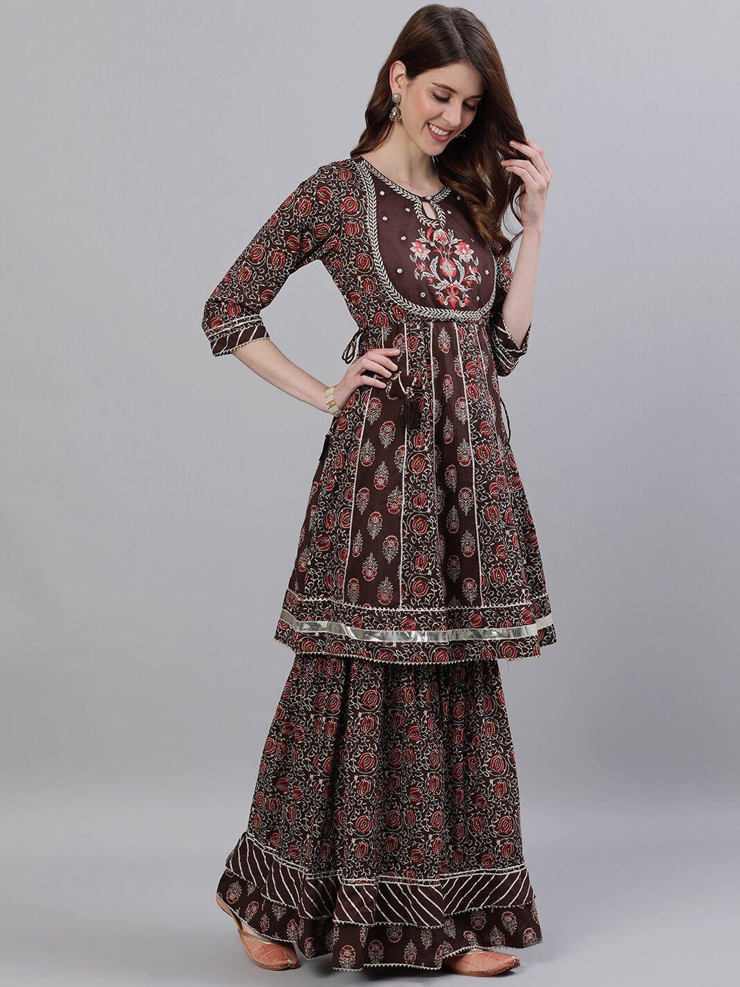 Dhiyona IS Women's Floral Printed Empire Gotta Patti Pure Cotton Kurta with Sharara & With Dupatta