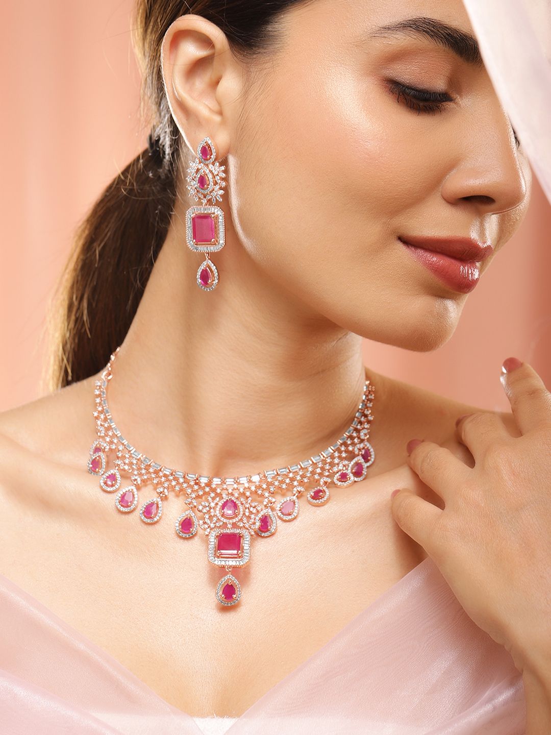 Dhiyona RJ Women's 24K Rose Gold Plated Pink Sapphire & CZ Studded Handcrafted Premium Jewellery Set
