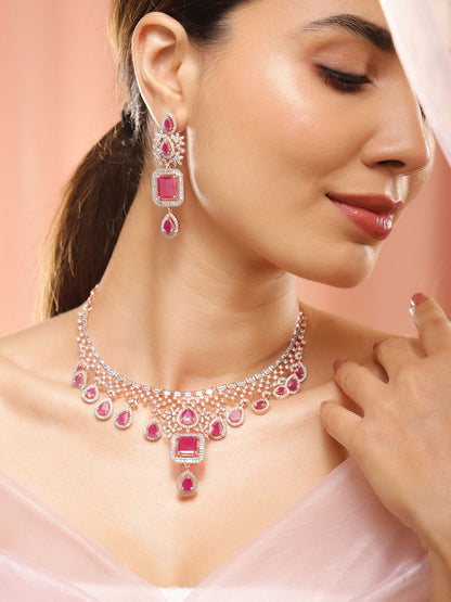 Dhiyona RJ Women's 24K Rose Gold Plated Pink Sapphire & CZ Studded Handcrafted Premium Jewellery Set
