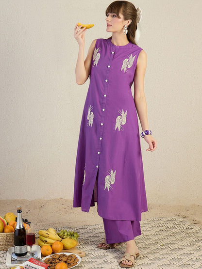 Dhiyona IE Embroidered Mandarin Collar Top With Palazzos Co-Ords