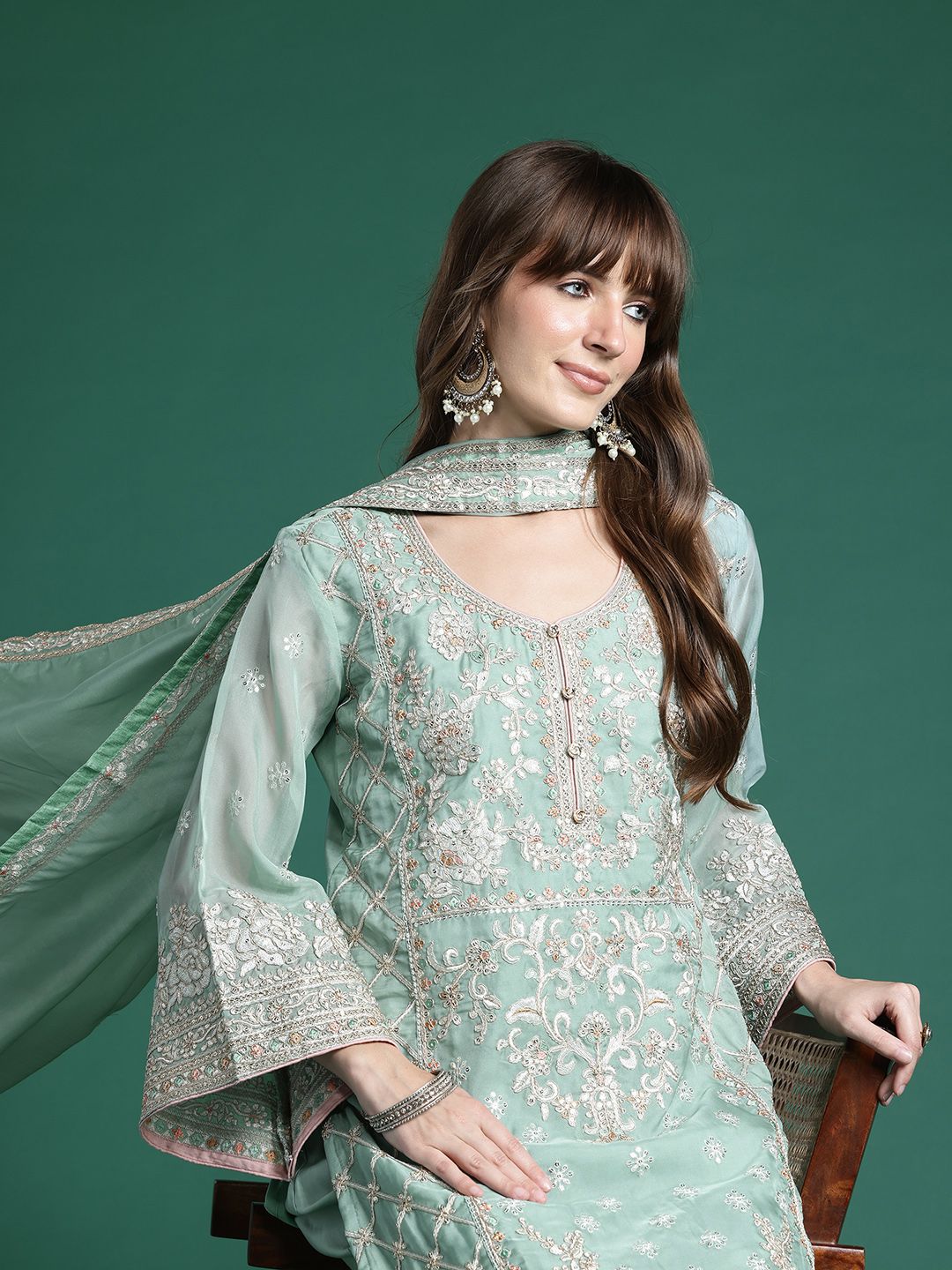 Ethnic Motifs Embroidered Regular Mirror Work Kurta with Trousers & Dupatta