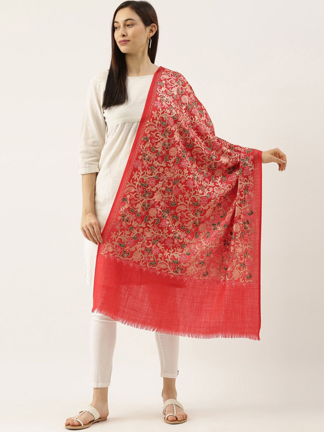 Dhiyona PA Women Red & Pink Nalki Embroidered Pure Woolen Shawl
