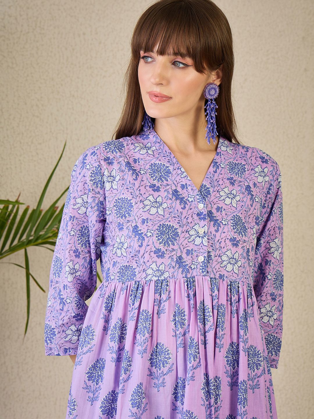 Dhiyona IE Printed V-Neck Pure Cotton Kurta & Trousers