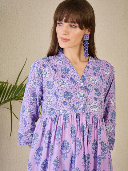 Dhiyona IE Printed V-Neck Pure Cotton Kurta & Trousers