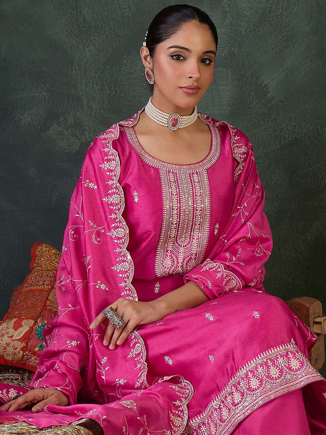 Dhiyona IE Women Ethnic Motifs Embroidered Kurta with Trousers & Dupatta