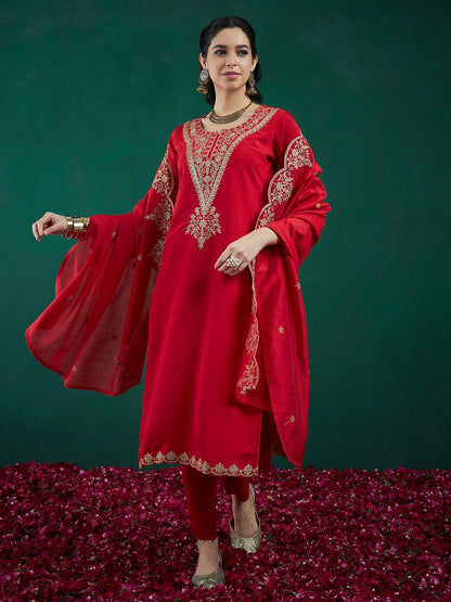 Dhiyona IE Red Ethnic Motifs Embroidered Regular Kurta with Trousers & Dupatta