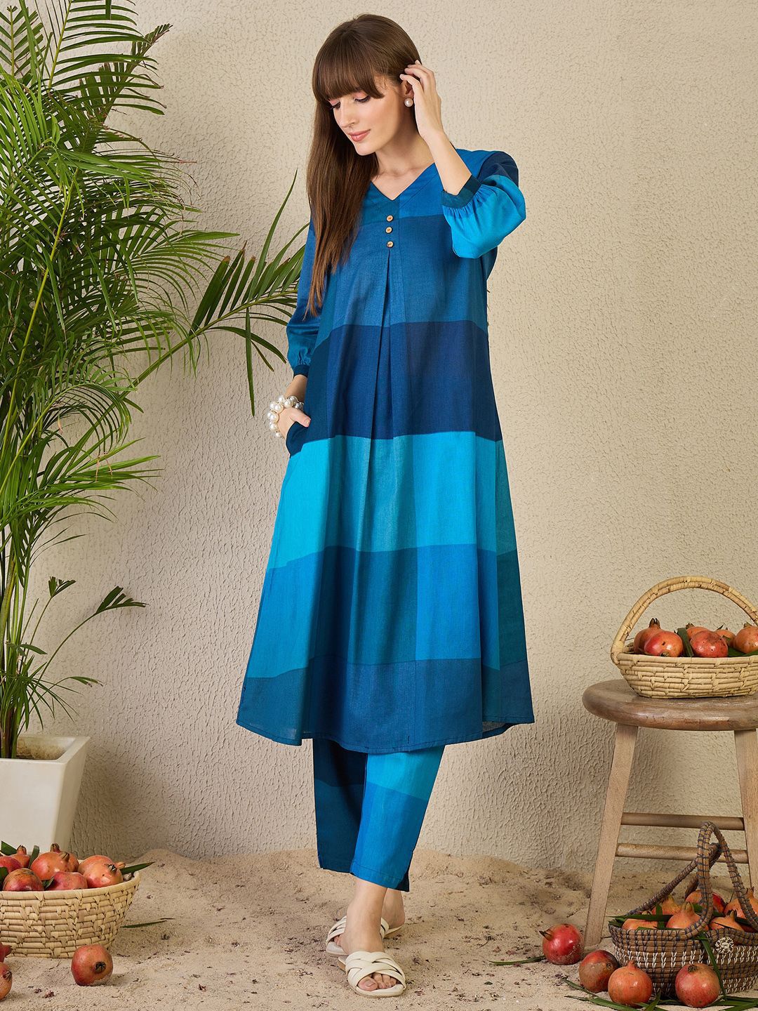 Women Colourblocked V-Neck A-Line Kurta with Trouser